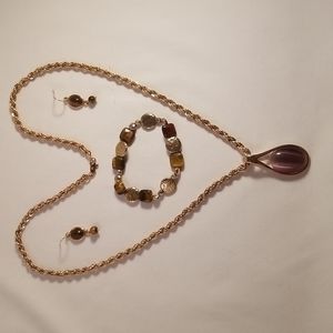 Tiger's Eye Pendant Necklace Earrings & Bracelet Set
